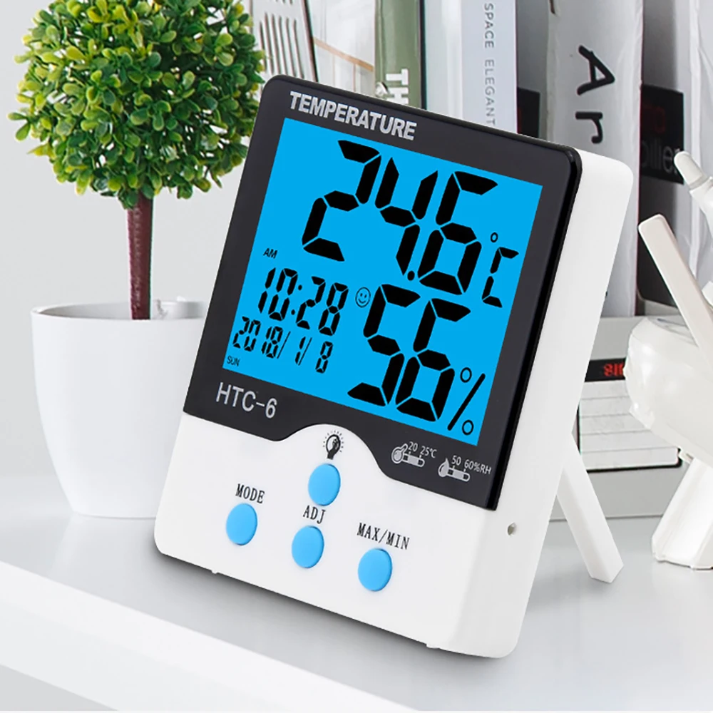 

LCD Digital Temperature Humidity Meter HTC-6 Home Indoor Outdoor Hygrometer Thermometer Weather Station with Clock