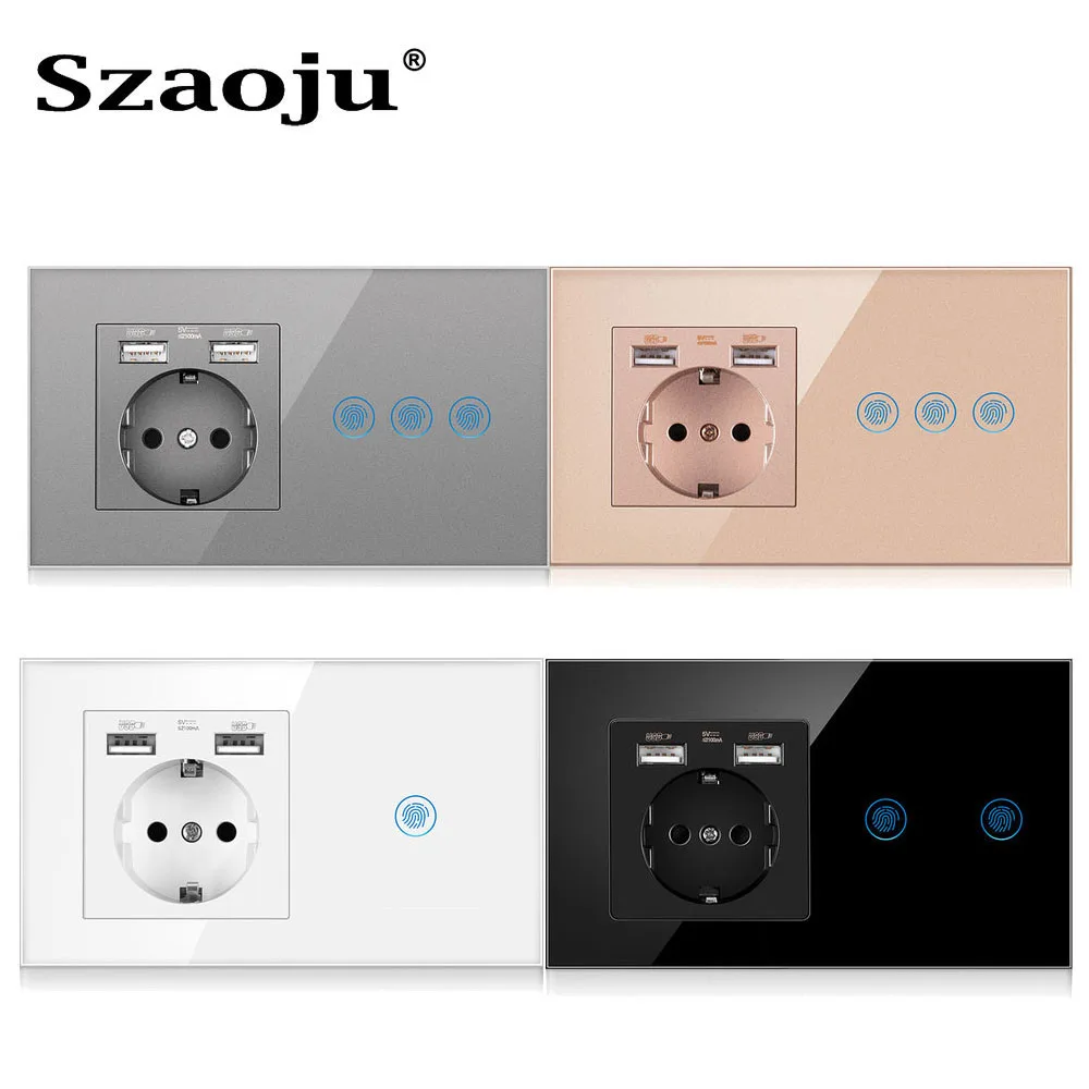 Szaoju EU Touch Switch Wall Lamp Switch USB Socket With USB LED Switches 1/2/3 Gang 1Way Smart Socke Crystal Glass Panel