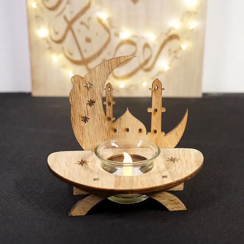 2022 New DIY Wood Eid Mubarak Moon LED Candlestick Light Wooden Decoration Ramadan Home