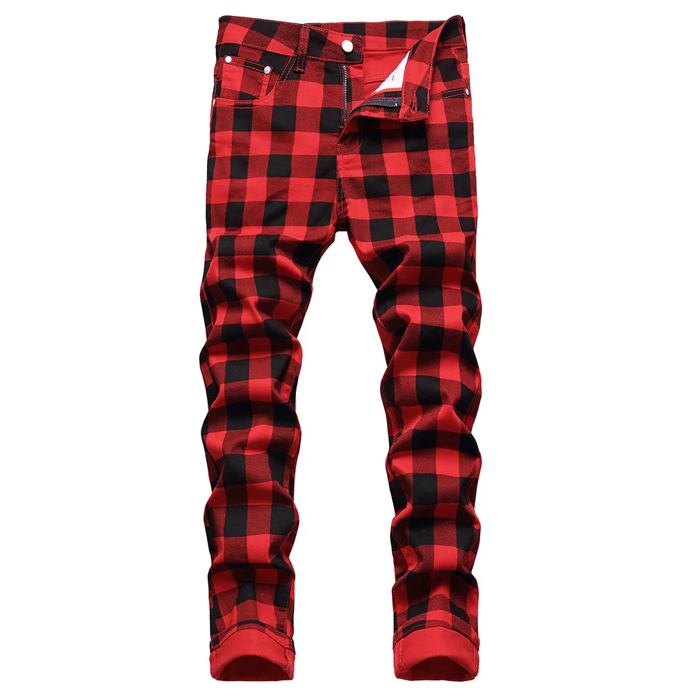 Men Red Plaid Printed Pants Fashion Slim Stretch Jeans Trendy Plus Size Straight Trousers