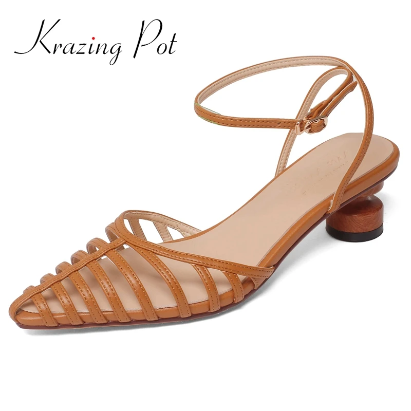 Krazing Pot 2025 Full Grain Leather Strange Style Med Heels Summer Shoes Fashion Buckle Straps Party Office Lady Women Sandals