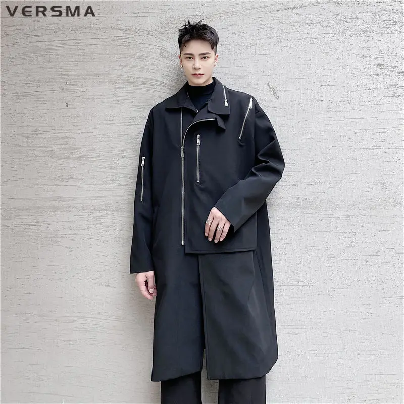 

VERSMA Hip Hop Oversize Long Trench Coat Men Overcoat Korean Style Punk Rock Zipper Patchwork Windbreaker Men Coats Dropshipping