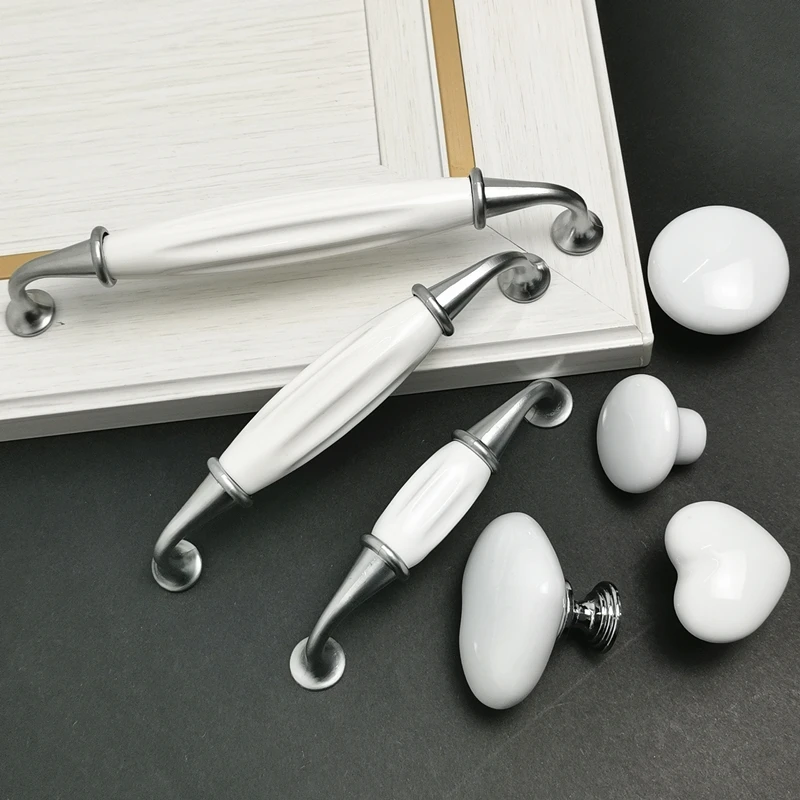 Zinc Alloy Ceramic Cabinet Pulls Furniture Handle For Kitchen Door Drawer Knobs White Color Hole CC 96mm/128mm/160mm