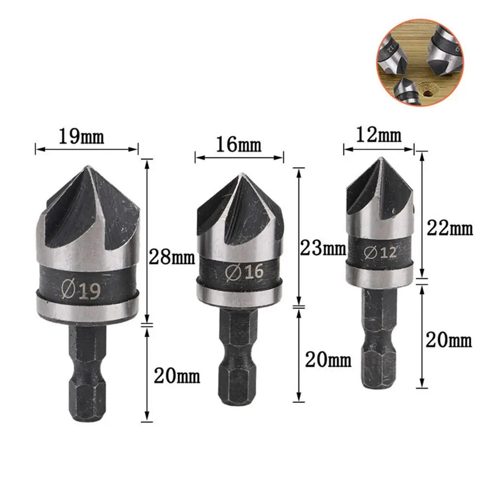 3Pcs Carbon Steel 90 Degree 1/4 Hexagonal Shank Chamfer Wood Work Hole Drill Bit