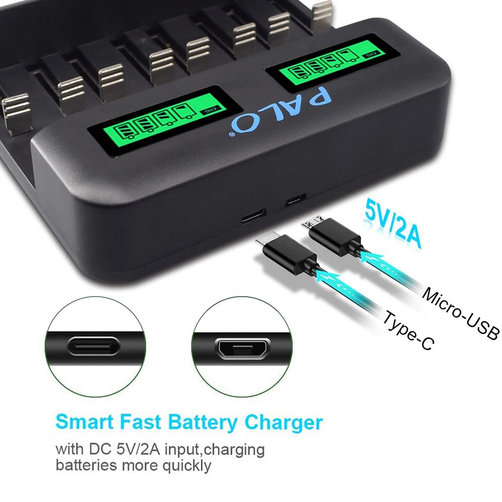 PALO USB LCD Fast Charger for 1.2 Volt AA AAA C D Battery Chargers 8 Slots For 1.2V AA AAA SC C D NIMH NICD Rechargeable Battery