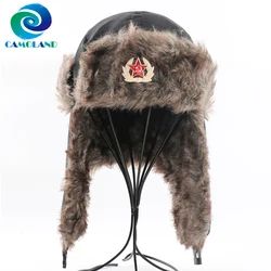 CAMOLAND Military Army Soviet Badge Winter Bomber Hat Women Men Russian Ushanka Hat Faux Fur Earflap Caps Waterproof Snow Cap