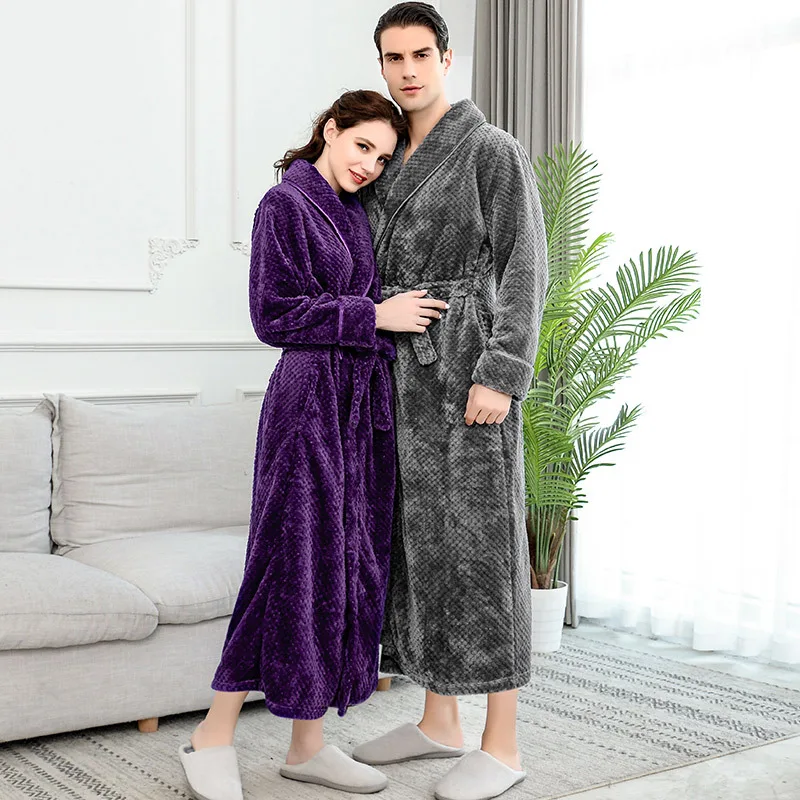 

Men Winter Extra Long Thick Warm Grid Flannel Bathrobe Mens Luxury Kimono Bath Robe Women Sexy Robes Male Thermal Dressing Gown