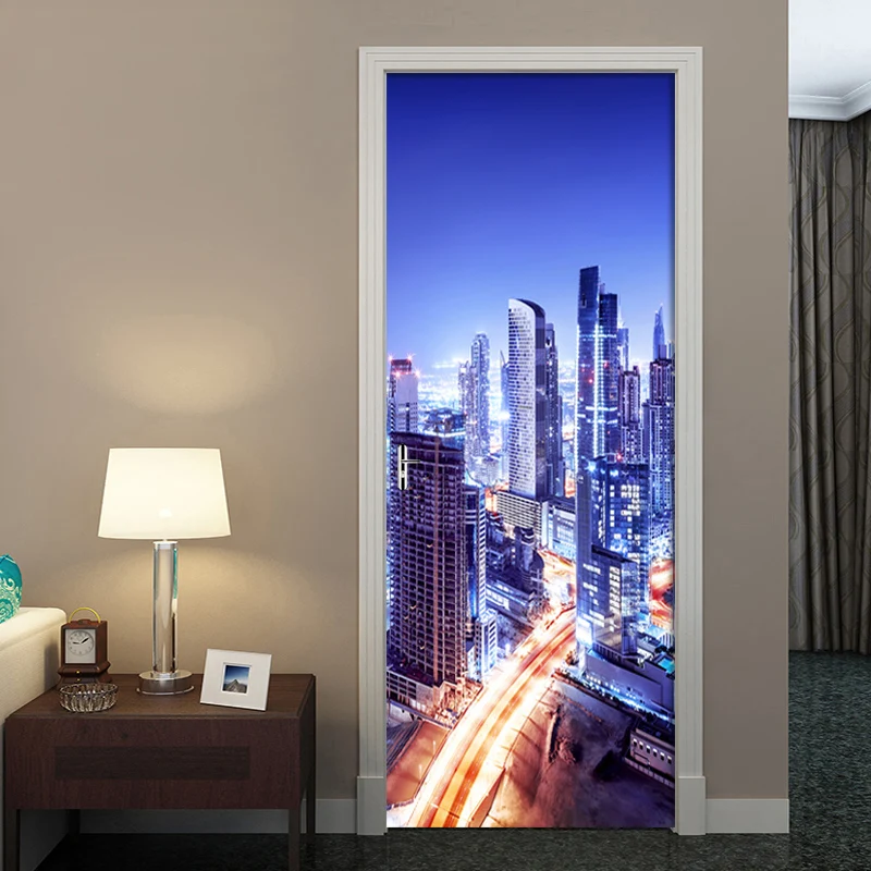 Beautiful City Night View Door Stickers European Style Wall Sticker For Bedroom Living Room landscape Waterproof Decals 3D Mural