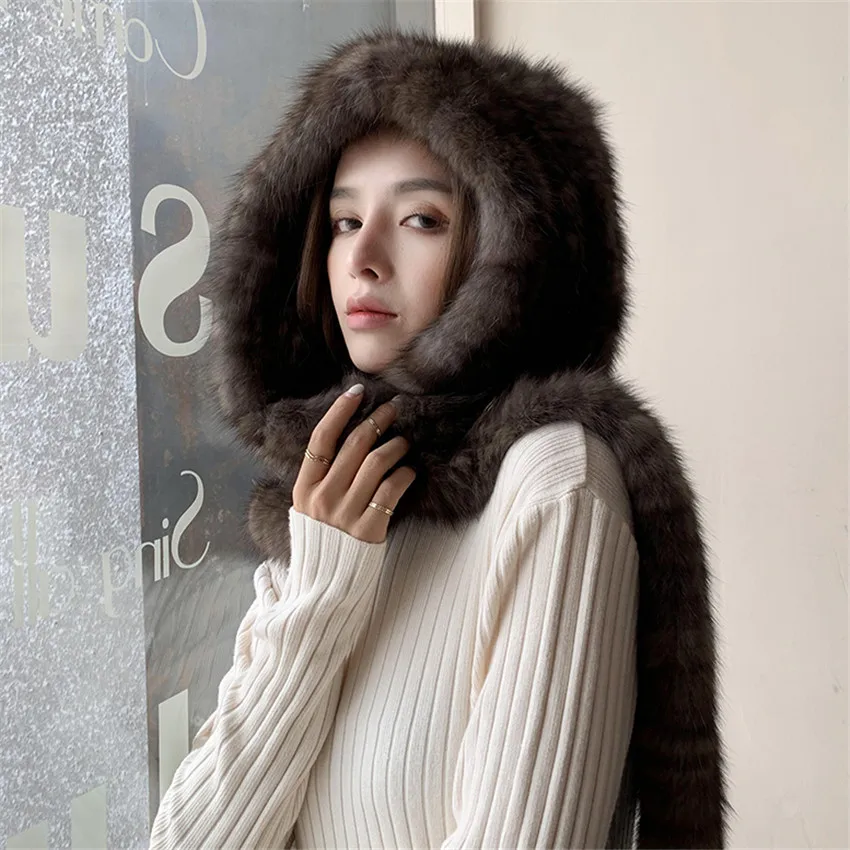 Women Winter Warm 100% Genuine Sable Fur Knitted Hooded Scarf Warm Mink Fur Hat Caps