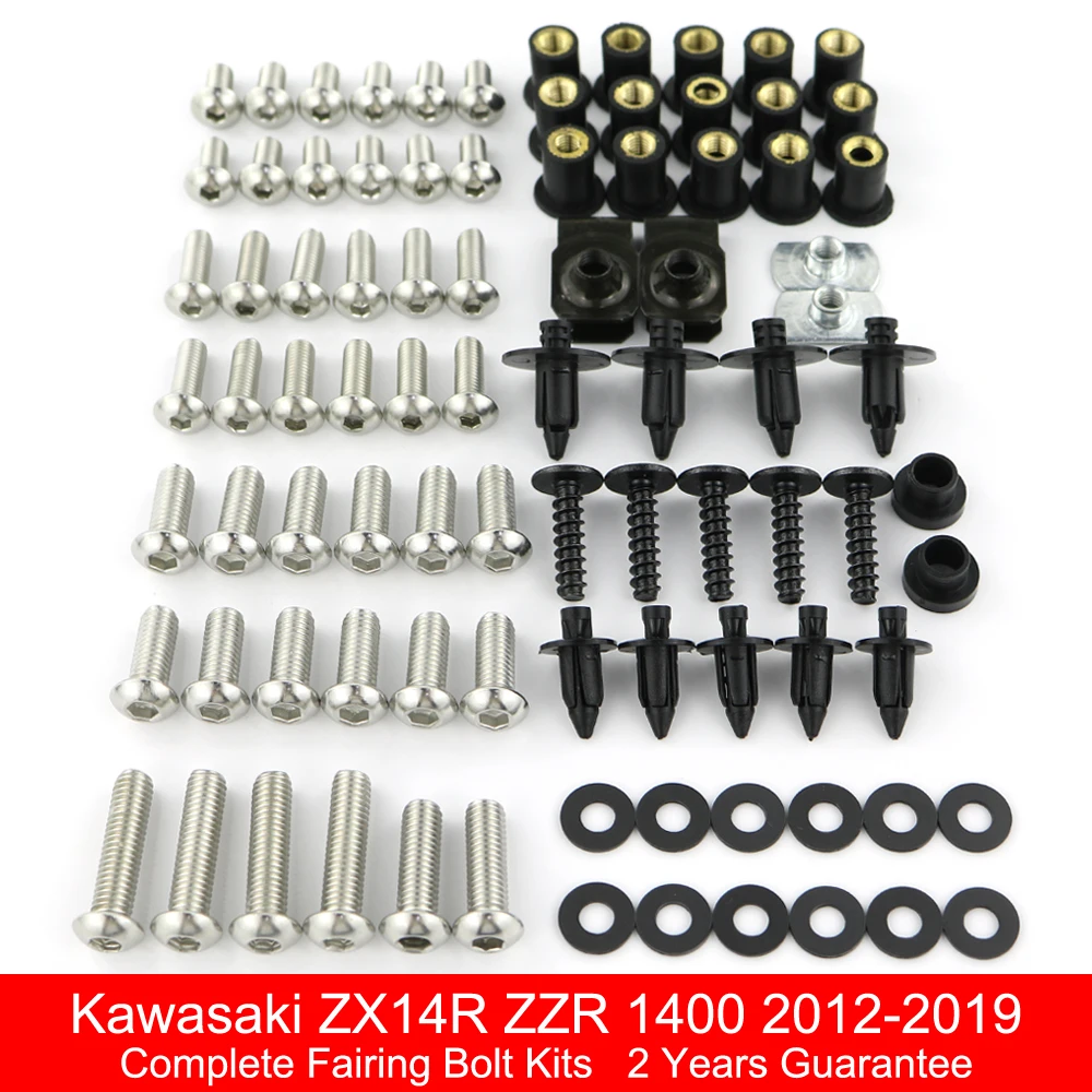 

Fit For Kawasaki ZX14R ZZR 1400 2012-2019 Motorcycle Complete Full Fairing Bolts Kit Speed Nut Screws Clips Stainless Steel