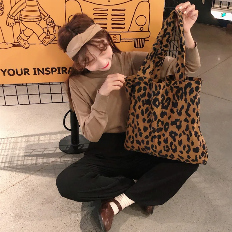 

Women corduroy leopard bag large capacity school shoulder bag female fashion bag reusable shopping bag leopard tote bag