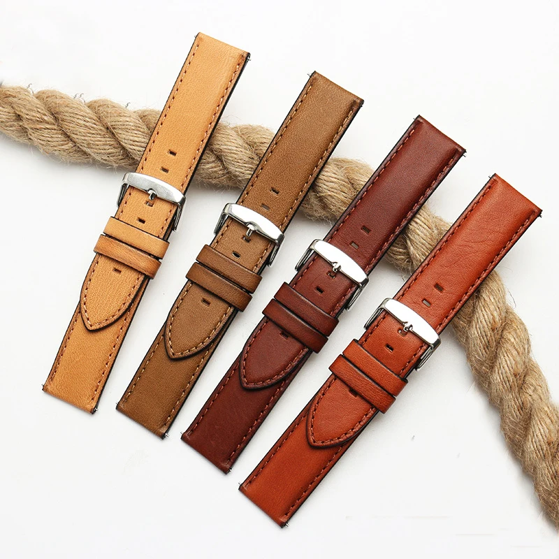 Onthelevel Genuine Cow Leather Watch Strap Handmade Retro  20 22mm Tan Khaki Brown With Quick Release Bar #D