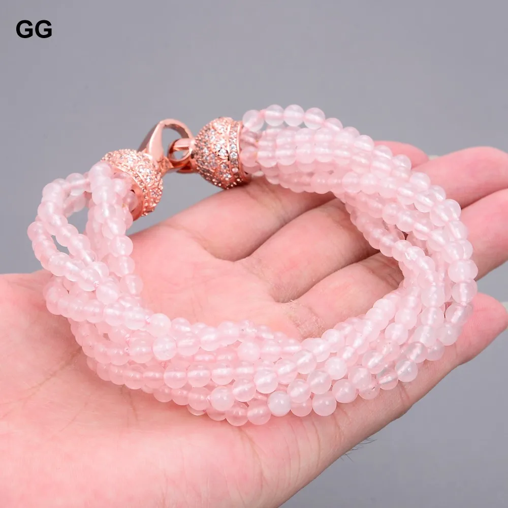 

GuaiGuai Jewelry 8'' 8Rows 4MM Round Rose Quartz Crystal Gems Stone Bracelet CZ Clasp Women Fashion Jewelry