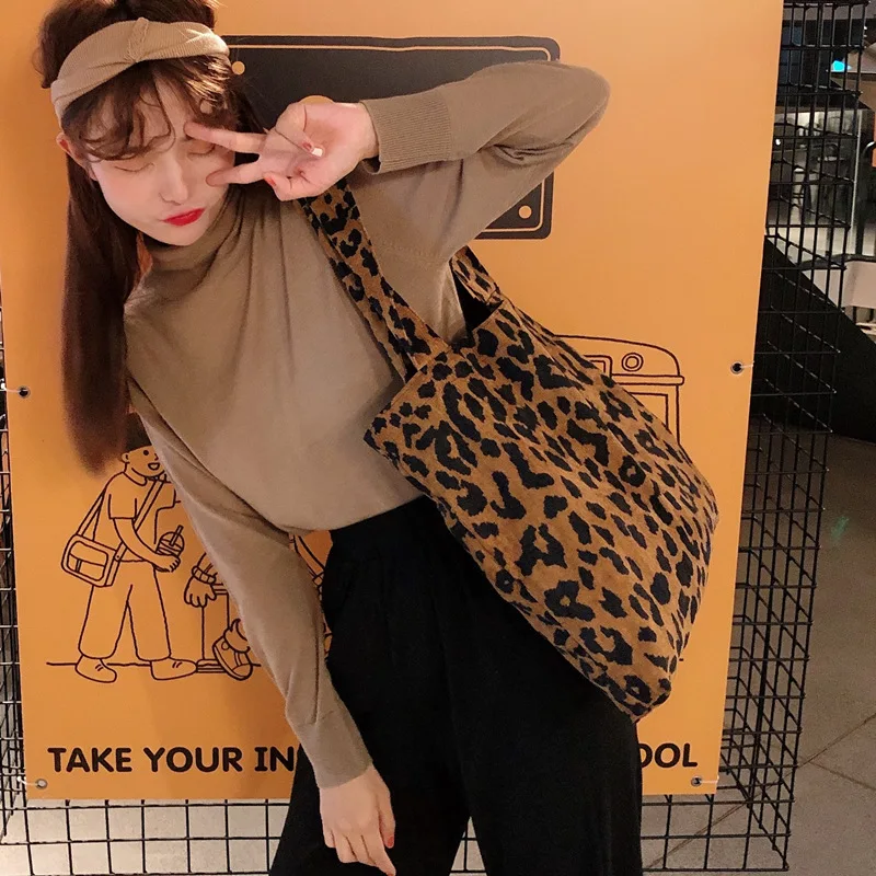 Leopard Print Women Shoulder Bags Vintage Ladies Corduroy Vest Bag Large Capacity Female Reusable Shopping Handbags Casual Tote