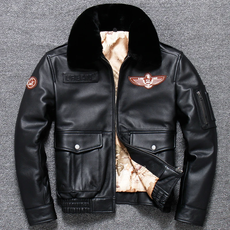 2020 Black Men Pilot Jacket Wool Collar Plus Size XXXL Genuine Cowhide Russian Winter Aviator Leather Coat FREE SHIPPING