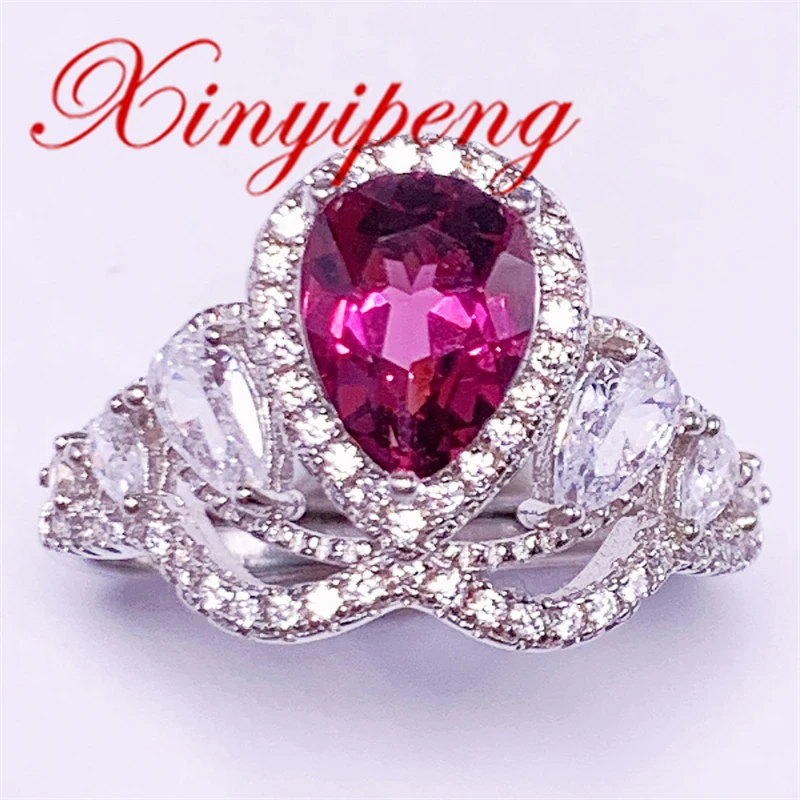 

Xin Yipeng Fine Gem Jewelry Real S925 Sterling Silver Plated White Gold Inlaid Natural Garnet Ring Wedding Party Gift for Women