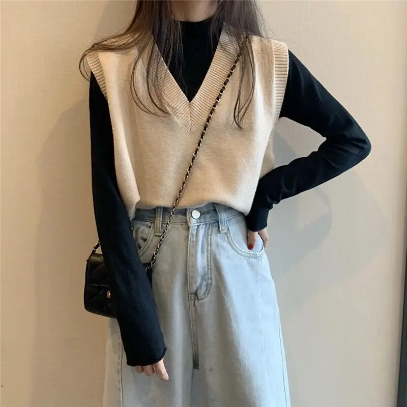 Sweater Vest Women Solid Autumn Winter All-match Leisure Outerwear Knitted V-Neck Sleeveless Female Elegant Chic Simple Harajuku