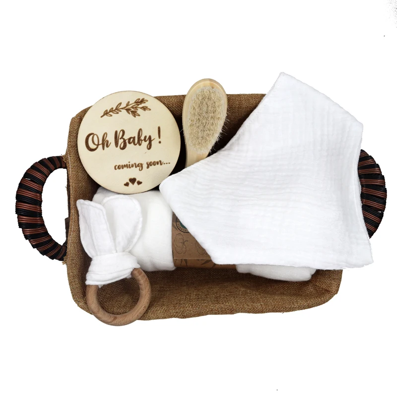 100% Organic Cotton baby bath brush set toy bunny teether rattle milestone new born Gift Sets With Gift Box