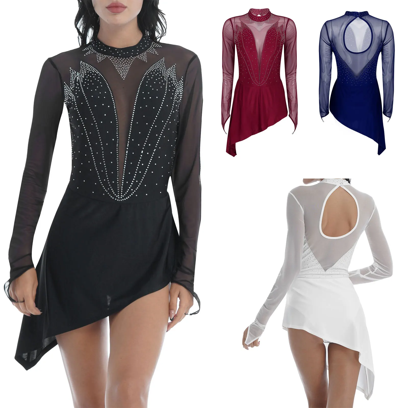 Vrouwen Figuur Schaatsen Jurk Halter Rhinestone Mesh Lange Mouwen Ballet Turnpakje Jurk Dans Gymnastiek Training Prestaties Kostuum