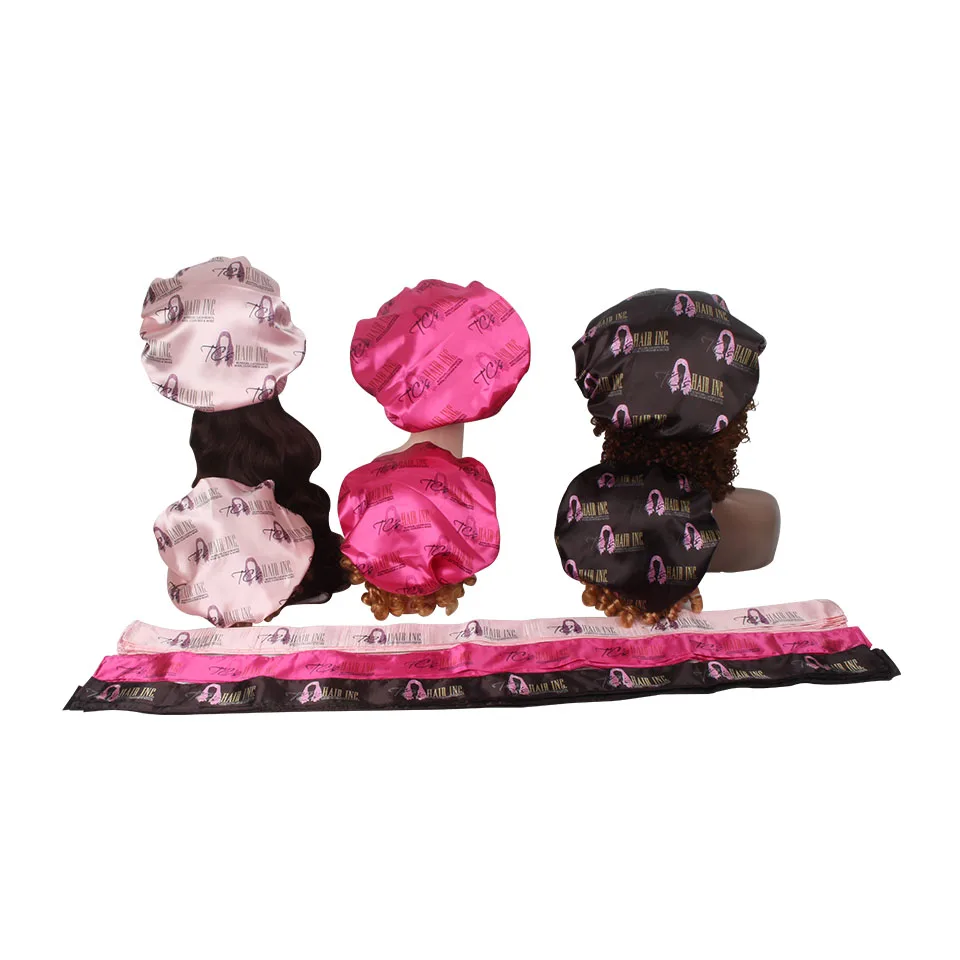 

Custom Full repeat logo hair satin wrap edge control head band 2 layer bonnet cap all over the logo printing frontal headband