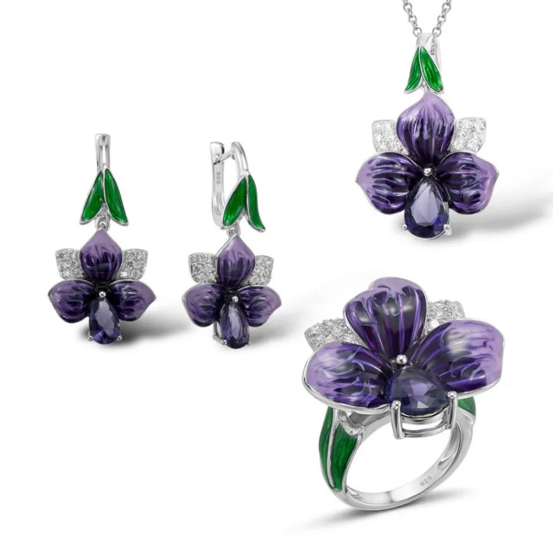 

Ladies Trendy Silver Enamel Jewelry Set High Quality Purple Zircon Flower Petal Pendant Necklace Ring Earrings Wedding Party Set