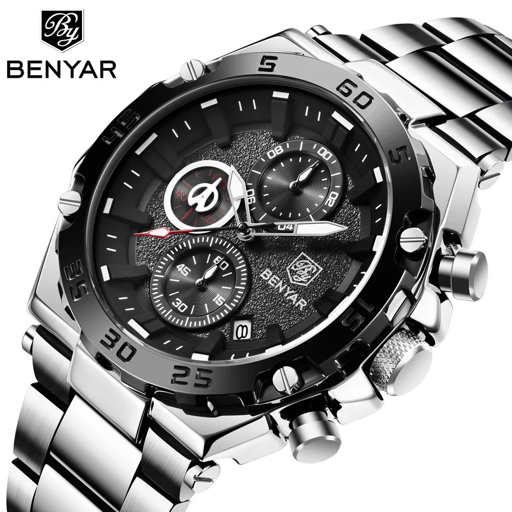 

Benyar Casual Sport Watches Chronograph Wristwatch Man Business Waterproof Quartz Watch for Men Full Steel Relogio Masculino New