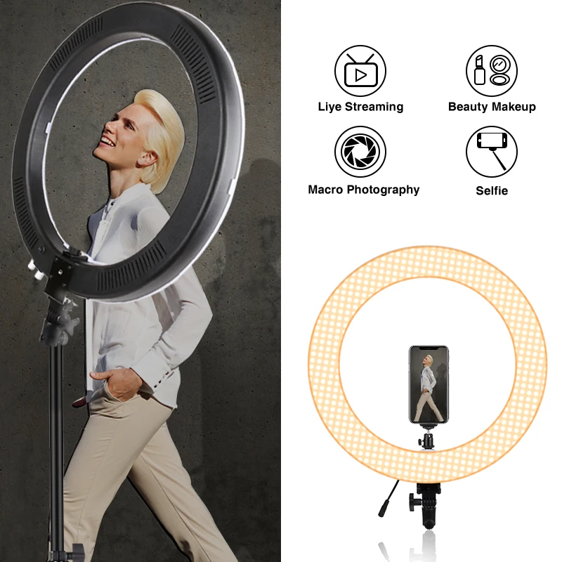 Anillo de luz LED con trípode, accesorio fotográfico de iluminación de 18 pulgadas con soporte para móvil, perfecto para selfis, vídeos en directo de Youtube, Tik Tok y Vlog