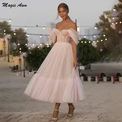 Magic Awn Light Pink Tea-Length Prom Dresses Off The Shoulder Tulle Short Evening Party Gowns A-Line Puffy Robe De Soirée 2024