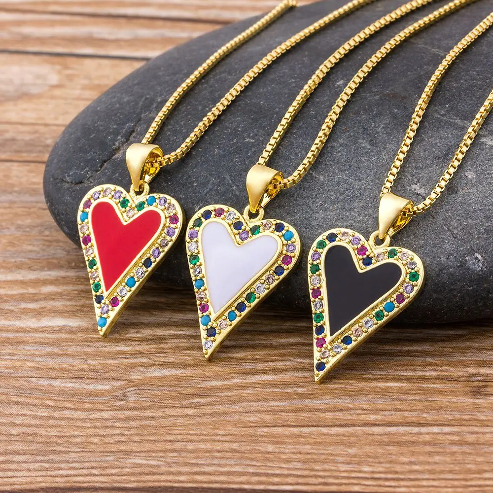 Nidin Romantic Heart Pendant Necklaces Women Men Hip Hop Jewelry Red/Black/White Color Include Chain Rhinestone Necklace Gifts