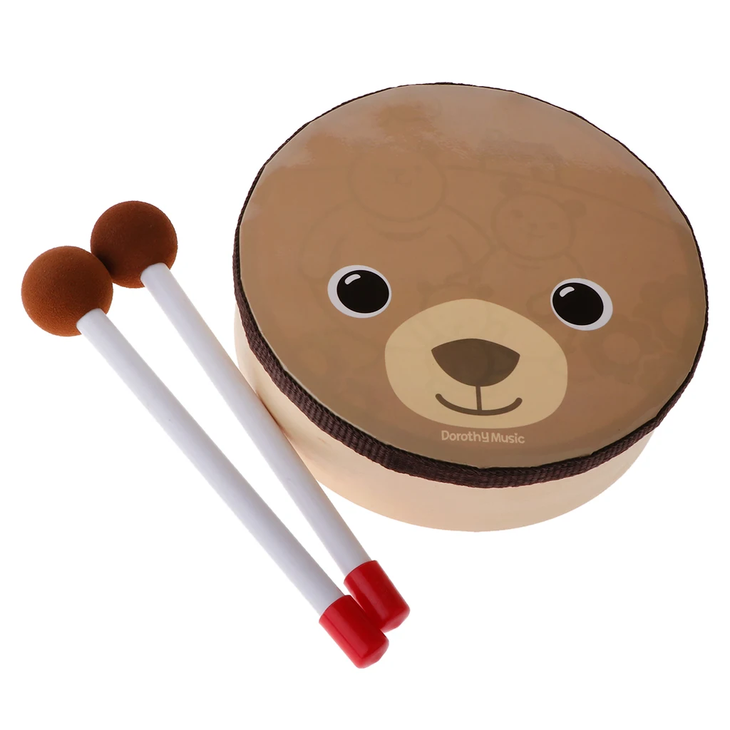 Tambor con patrón de oso de dibujos animados para niños, instrumento de percusión con palos de tambor, correa, Juguete Musical