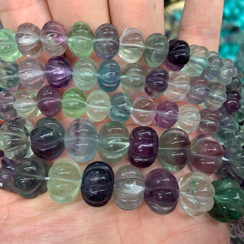 Natural Fluorite Stone Beads 15'' Rondelle Carved Pumpkin DIY Loose Beads For Jewelry Making Beads Women Bracelet Necklace Gift image 2