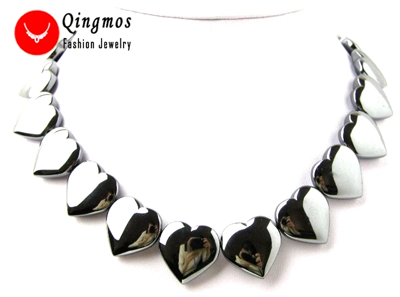 

Qingmos 20mm Heart Super Luster Natural Black Hematite Necklace for Women 17" Chokers Jewelry Especial Effect for Help sleep