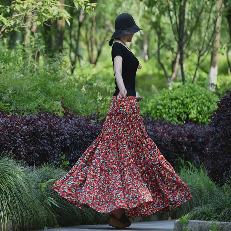 TIYIHAILEY spedizione gratuita 2021 New Fashion Long Maxi A-line Elastic Waist Women Summer Cotton Print Flower Red Big Hem Skirt