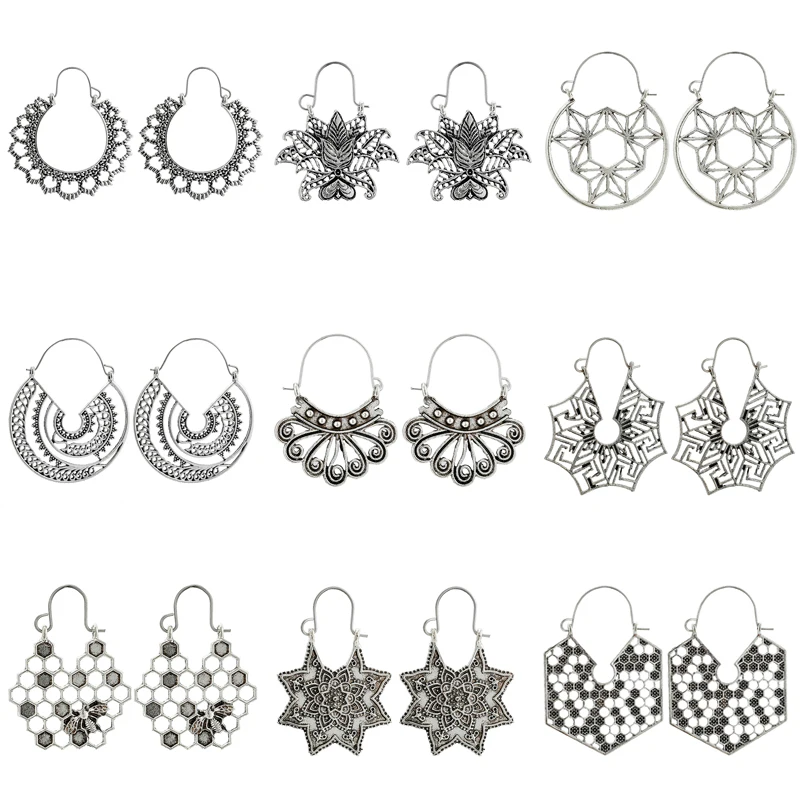 Tocona 15 Style Vintage Antique Silver Color Earrings for Women Hollow Carve Flowers Gypsy Tribal Ethnic Dangle Earrings серьги