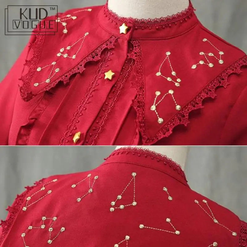 Vintage Embroidery Gold Star Lolita Blouse Women\'s Lace Long Flare Sleeve Chiffon Shirt Ruffle Gothic Blouse Red Black White Top