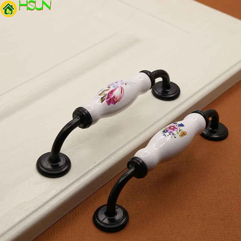 2 pcs European style black zinc alloy ceramic handle modern orchid single hole garden European style cabinet door handle