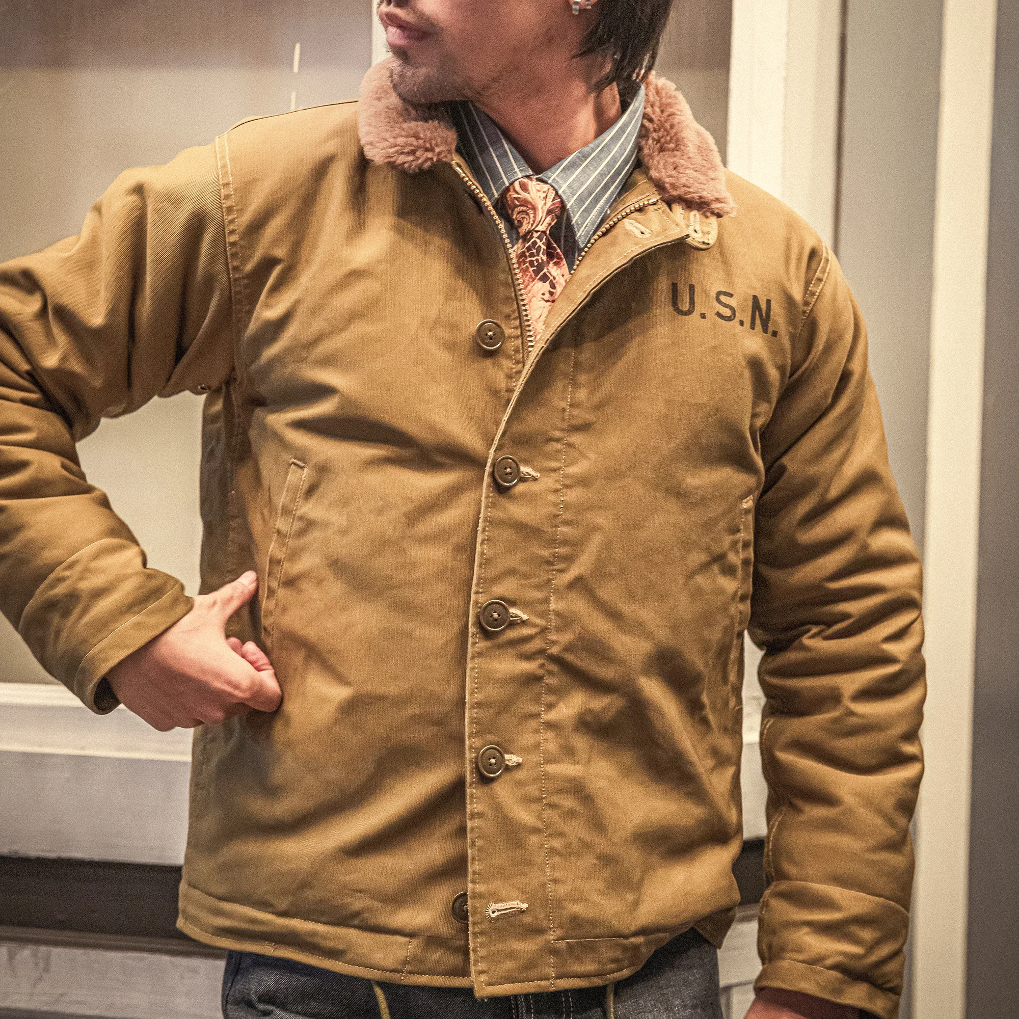 

RTN1 красный Торнадо США большой размер винтажный свободный фитинг супер качество хлопок ткань 100% шерсть подкладка и воротник 1 куртка