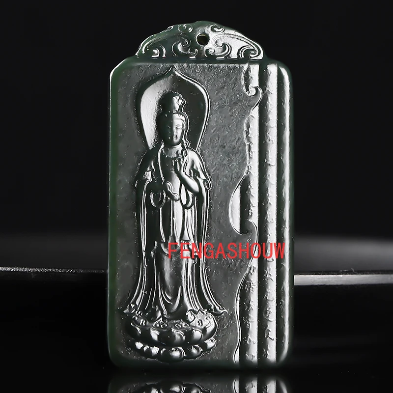 

Hot Selling Natural Hetian Jade Cyan Hand-carved Guanyin Pendant Charm Jewellery Necklace for Women Men Fashion Accessies Amulet