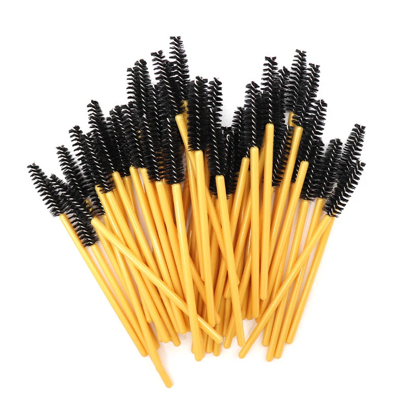 New Arrived 200pcs Golden Handle Yellow Brushes Nylon Disposable Mascara Wands Lashes Makeup Brushes Eyelash Extension