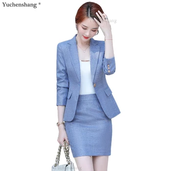 2020 elegante Rock Anzüge Frauen Damen Neue Formale Rosa Aprikose Blau Grün Langarm Plaid Blazer Zwei Stück Set