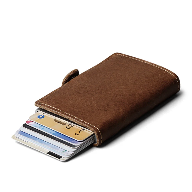 Genuine Cow Leather Men Credit Card Holder Automatic Aluminum Mini Card Wallet With Back Pocket ID Card RFID Blocking Purse Hot