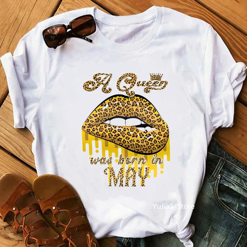 

A Queen Was Born In May/June/July Graphic Print Tshirt Women Leopard Lips Crown T Shirt Femme Sexy T-Shirt Female Tops