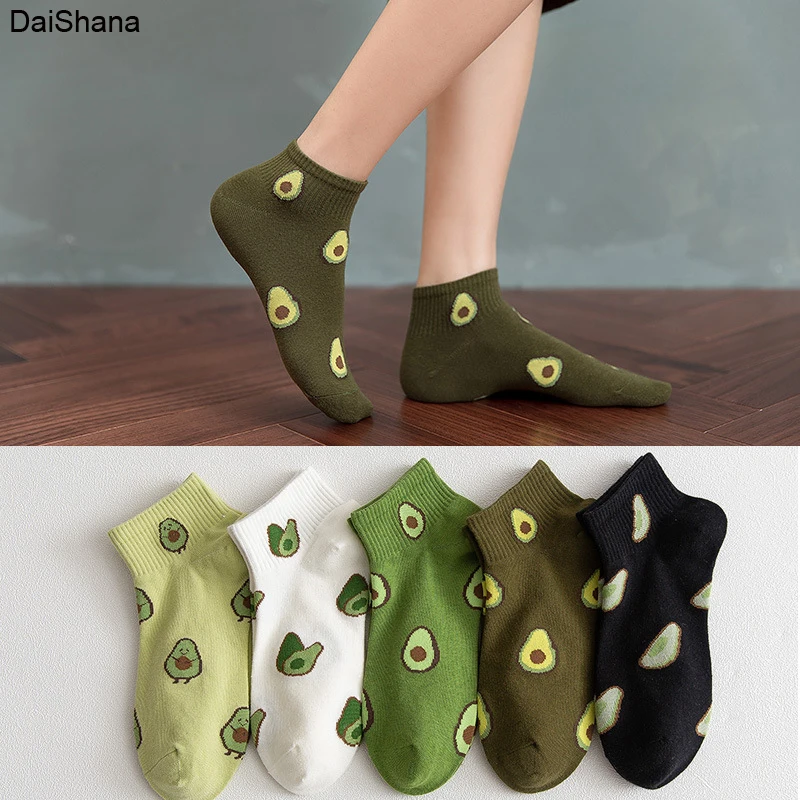 5 Pairs Spring Summer Cotton Socks Women Avocado Embroidery Breathable Harajuku School Girl For Femal Funny Sokken Ankle Sox