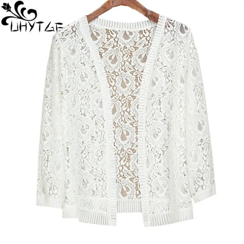 UHYTGF Dệt Kim Cardigan Mùa Hè Áo Khoác Thời Trang Nữ Rỗng Khăn Choàng Mỏng 7XL Size Lớn Áo Khoác Màu Tự Nhiên Ngắn Thanh Lịch Hàng Đầu 1676