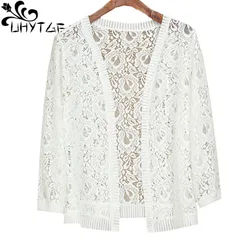 UHYTGF Knitted Cardigan Summer Coat Womens Fashion Hollow Shawl Thin 7XL Big Size Jacket Solid Color Wild Elegant Short Top 1676