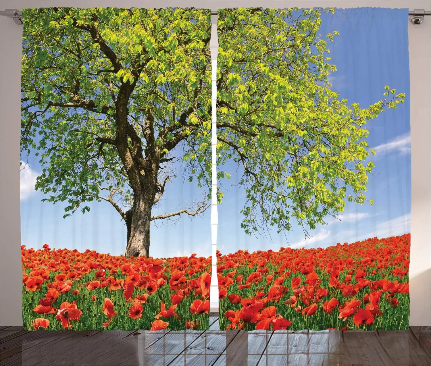 Green Red Blue Poppy Curtains Landscape Blooming Poppies on Field Majestic Tree Rural Terrain Habitat Photo Curtain for Bedroom