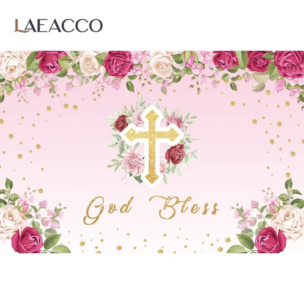 Laeacco Holy Communion Ceremony Poster Backdrop God Bless Christian Cross Blooms Flower Photo Backdrop Photography Background