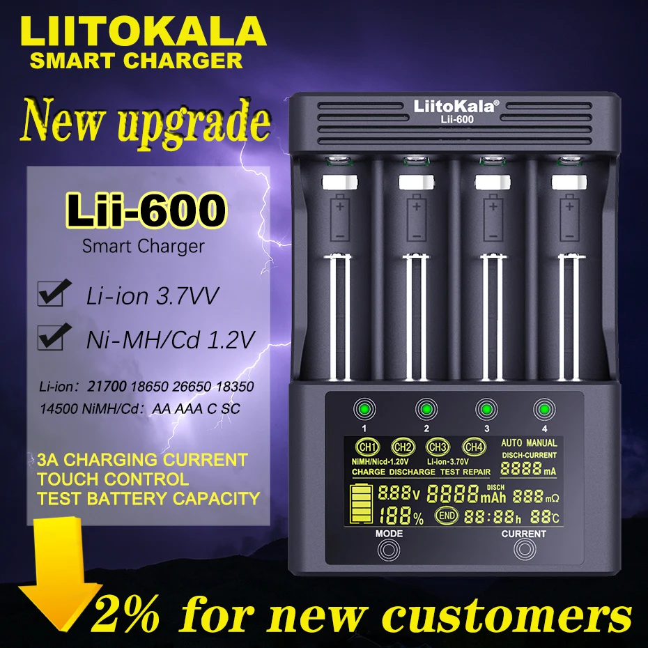 

LiitoKala Lii-600 Lii-500 Lii-500S Battery Charger Li-ion 3.7V and NiMH 1.2V 18650 26650 21700 26700 AA AAA SC C Capacity test