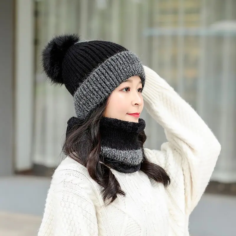 Girls Thicken Ski Snow Cap New Fashion Fur PomPoms Winter Women Beanie Hats Female Skullies Warm Knit Hat Scarf Set