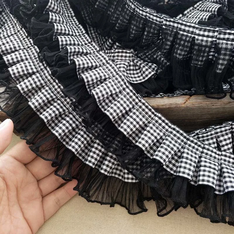 Cute Little Black Plaid Nastro di Garza Sgualcita Del Merletto di DIY Vestiti per Le Bambole Gonna Collo Polsini A Righe Della Fascia Accessori di